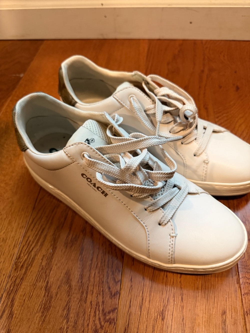 Coach White Leather Sneakers with Gold Heel